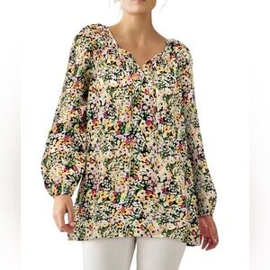 ELLOS Vibrant Floral Long Sleeve TIE NECK TUNIC , Blouse, WOMEN PLUS SIZE 4X